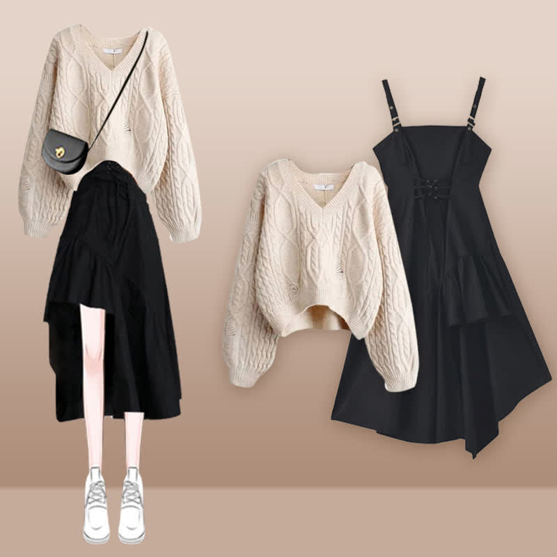 Cable Knit Sweater Lace Up Irregular Slip Dress Set