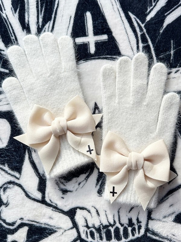 Cutout White at Gloves Pads Black Details Finger Bowknot Print Cross With Gothic