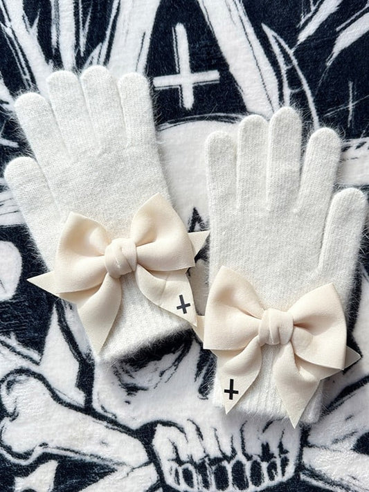 Cutout White at Gloves Pads Black Details Finger Bowknot Print Cross With Gothic