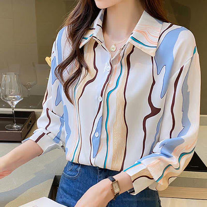 Colorblock Abstract Print Lapel Shirt Workwear