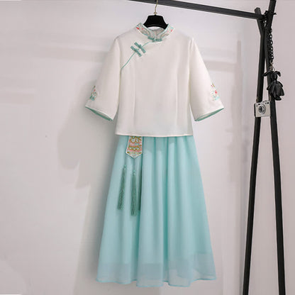 Vintage Hanfu Embroidery Buckle Shirt Tassel Skirt