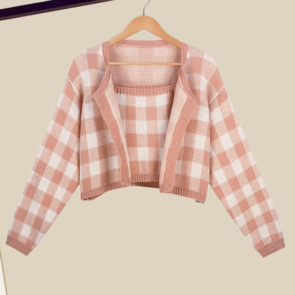 Pink Plaid Top Cardigan Sweater White Pants Set