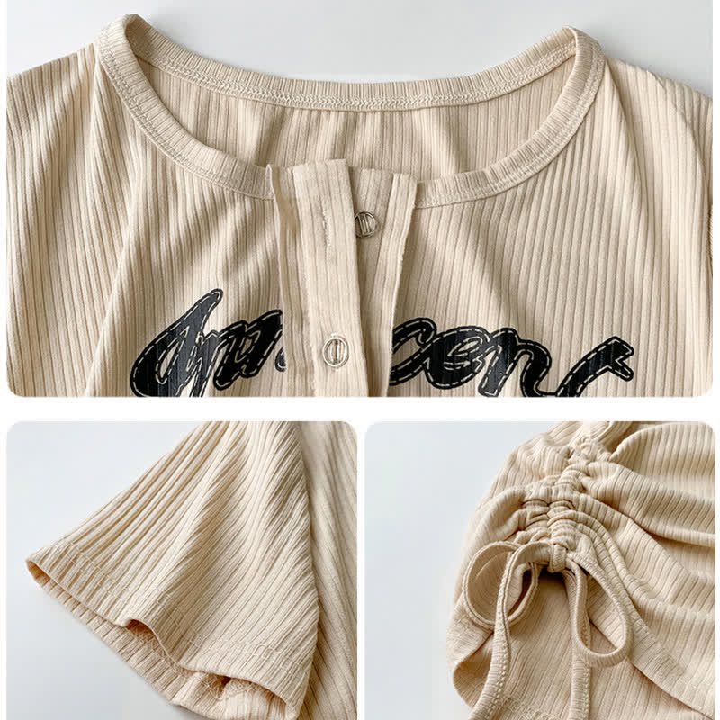 Casual Letter Print Drawstring Crop Top T-Shirt Pocketed Cargo Pants