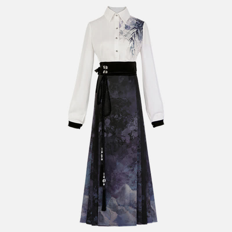 Elegant Bamboo Ink Painting Shirt Lace Up Pleated Skirt