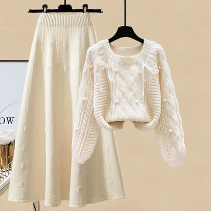 Pills Decor Cable Knit Sweater Skirt Set