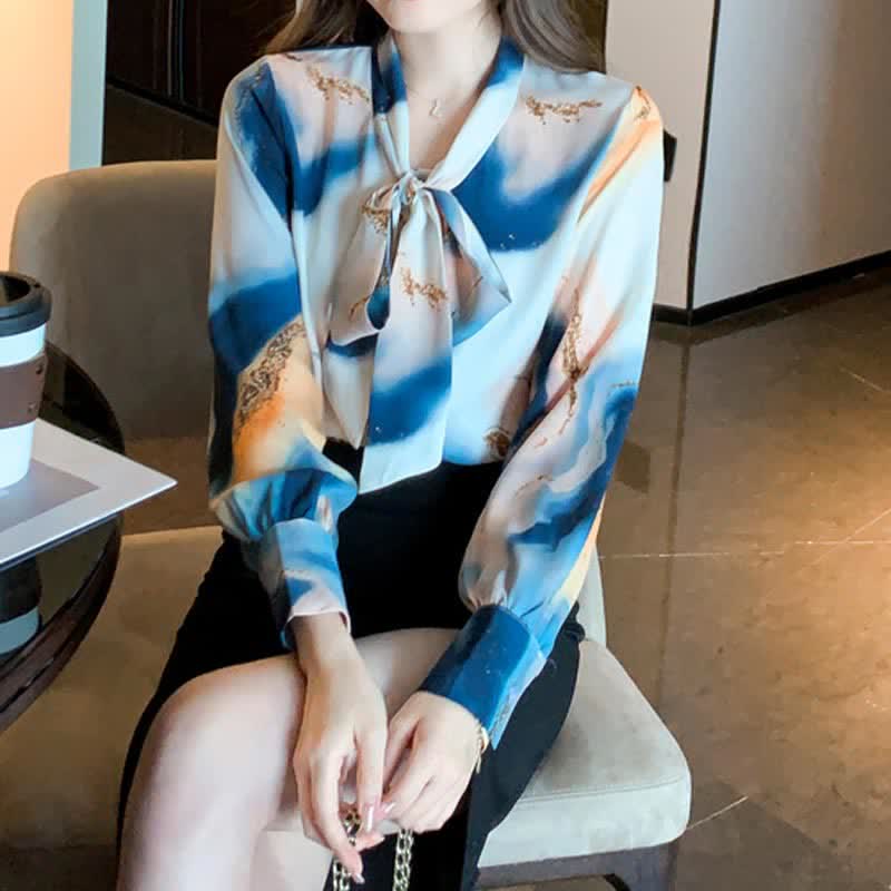 Colorblock Tie-dye Print Bowknot Lace Up Shirt