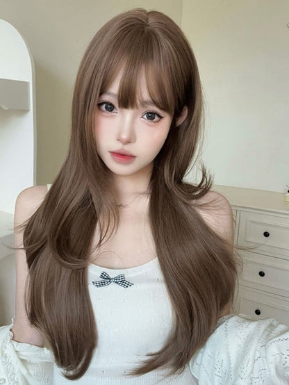 Length Air With Bangs Brown 72CM Wavy Wig Light