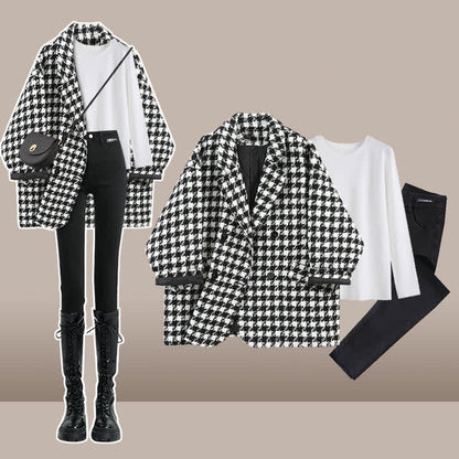 Chic Lattice Print Lapel Blazer T-Shirt Slim Denim Pants modakawa