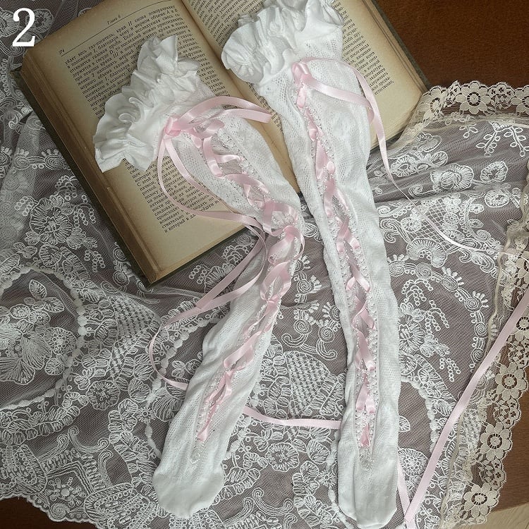 Underknee Leg With Pink Stockings Loop Lace-up Detail Bowknot