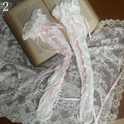 Underknee Leg With Pink Stockings Loop Lace-up Detail Bowknot