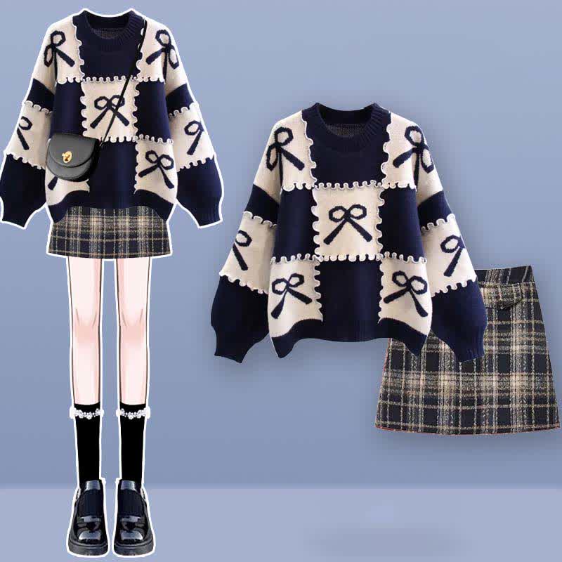 Bow Knot Print Sweater Plaid Pleated Skirt Set