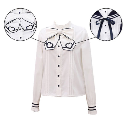 Sailor Collar Shirt Cartoon Dolphin Print Suspender Skirt