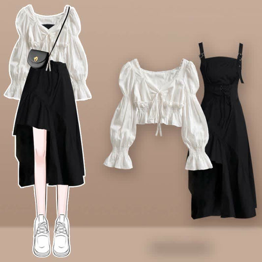 Puff Sleeve Shirt Irregular Lace Up Slip Dress Skirt Set