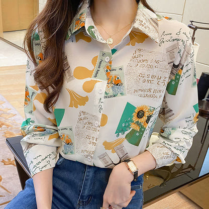 Chic Floral Letter Print Chiffon Shirt Workwear