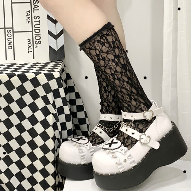 Sweet Punk Cross Love Heart Chain Strap Buckle Platform Shoes