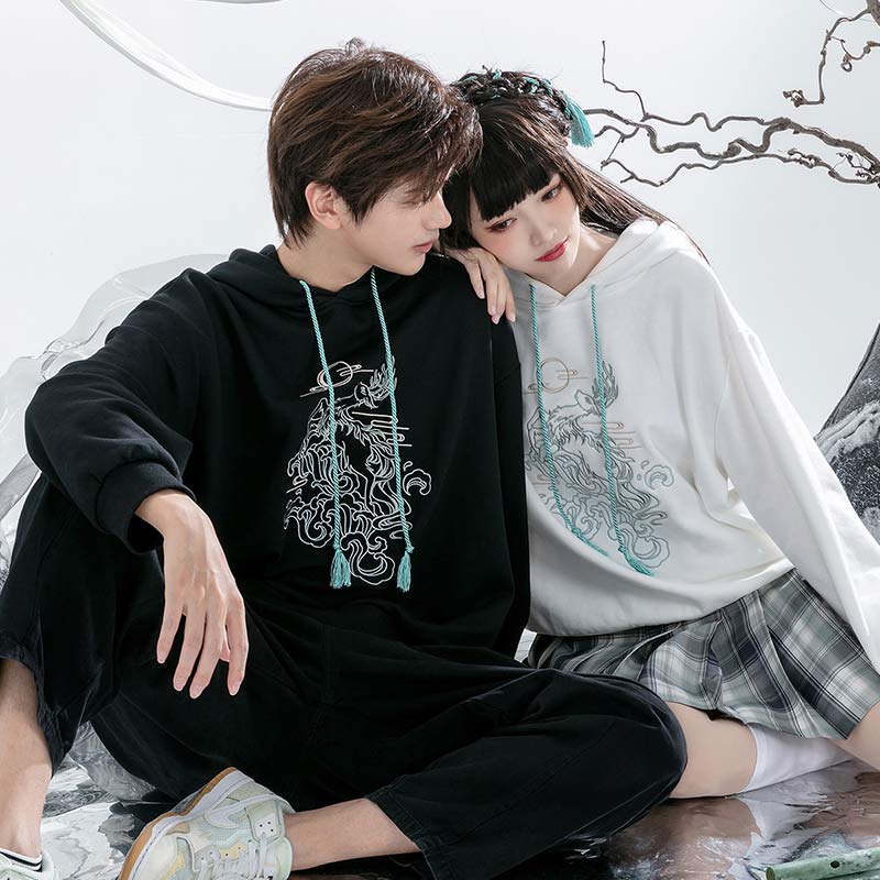 Couple Deer Embroidery Loose Hoodie Dress