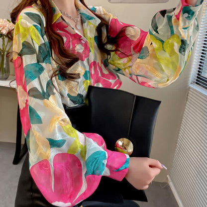 Color Floral Print Puff Sleeve Lapel Shirt Workwear