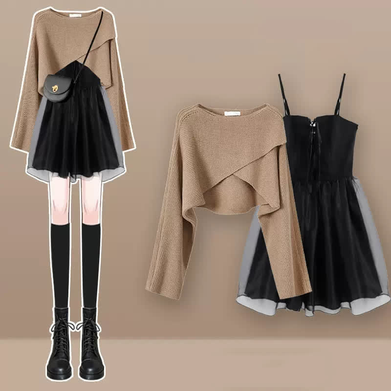 Chic Bow Knot Cardigan Sweater Lace Up Tulle Slip Dress Set