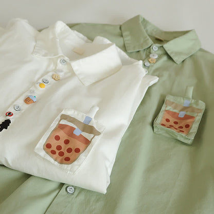 Cartoon Button Milk Tea Print Pocket Lapel Shirt