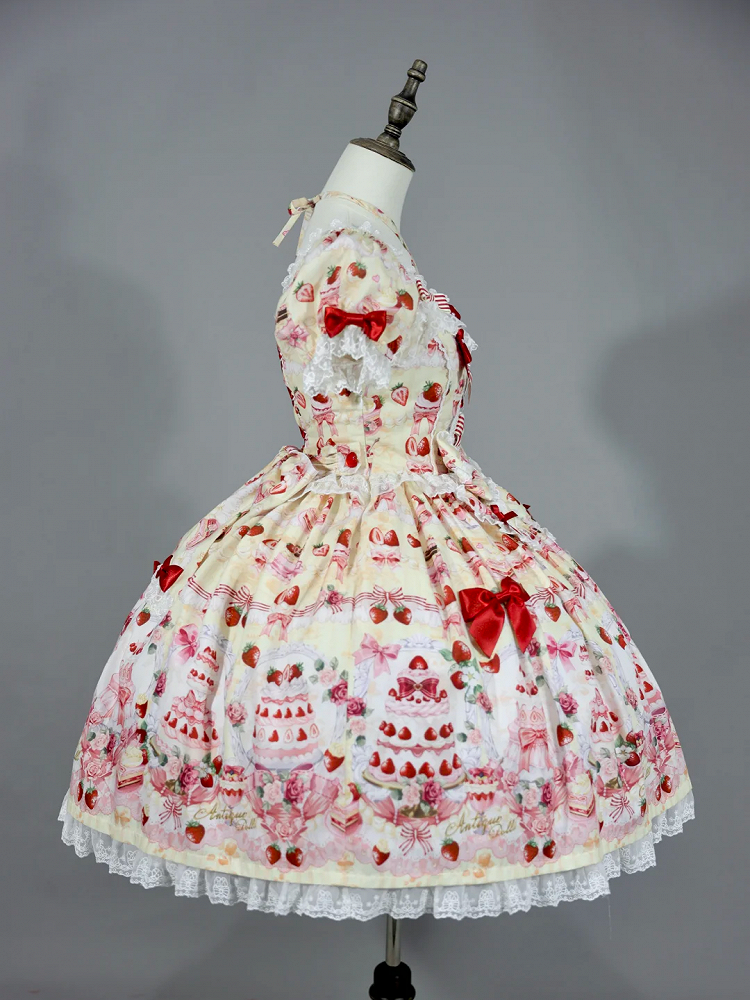 Yellow Sweet Set Lolita Full Strawberry Accents / Dress Print Cake Bow