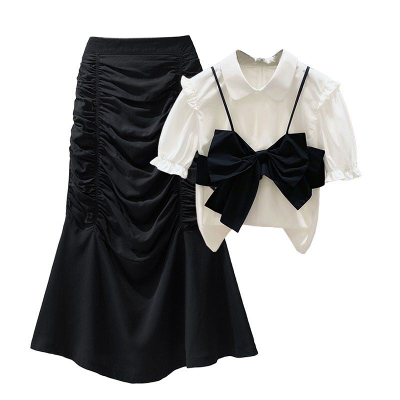 Bow Knot T-Shirt High Waist Ruffled Skirt Set