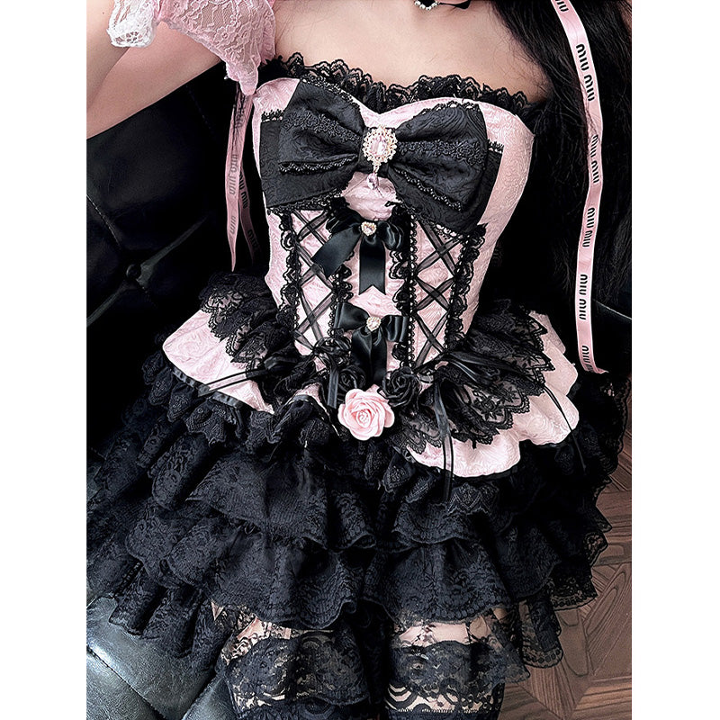 Lolita Bowknot Lace Corset Tops Layered Shorts