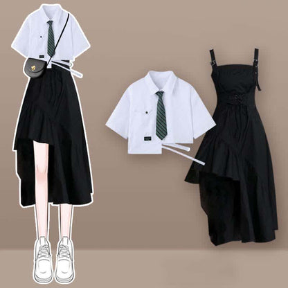 Black Pocket Lapel Tie T-Shirt Irregular Slip Dress Set W710