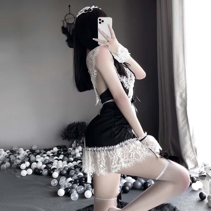 Cosplay Black Bow Maid Deep Lace Lingerie Dress