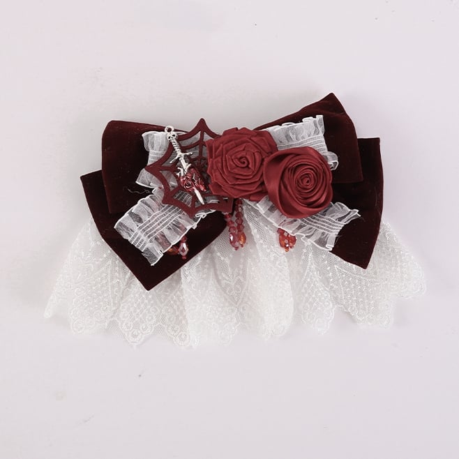 Spider Web White and Red Rosettes Big Bow Hairclip