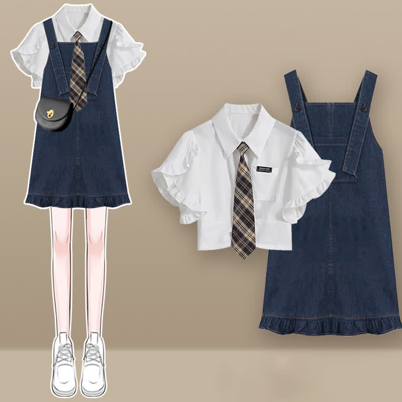 Pocket Lapel Tie T-Shirt Denim Overall Dress Set