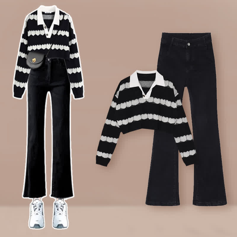 Black Heart Pattern Stripe Sweater Casual Pants Modakawa