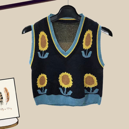 Sunflower Print Knit Vest Lapel Shirt Pleated Skirt