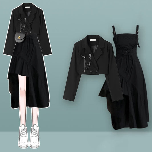 Black Chain Decor Short Blazer Lace Up Irregular Slip Dress Set