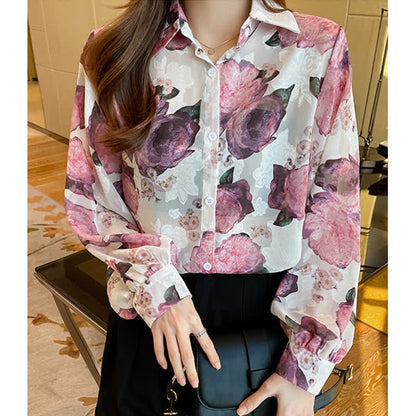 Pink Floral Embroidery Puff Sleeve Chiffon Shirt Workwear