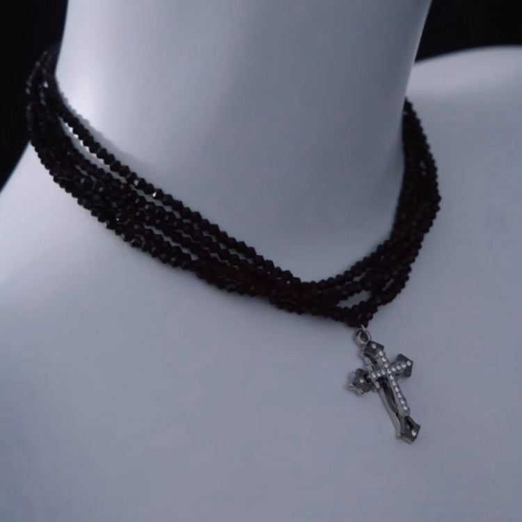 Silver Cross Pendant Black Multi Layers Necklace