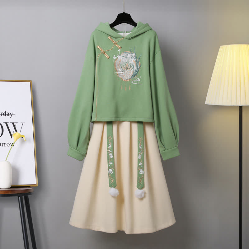 Exquisite Embroidery Buckle Long Sleeve Plush Hoodie Skirt