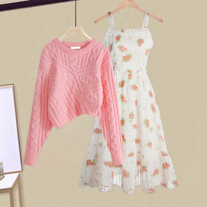 Irregular Cable Knit Sweater Floral Print Slip Dress