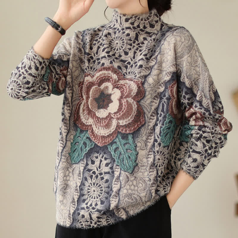 Retro Blossom Print Mock Tutleneck Sweater