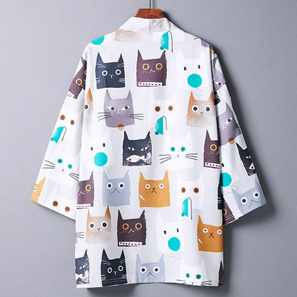 Cartoon White Cat Print Kimono Outerwear