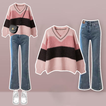 Sweet Stripe Sweater Casual Pants Set modakawa