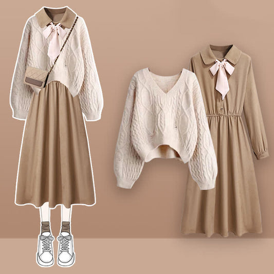 Elegant Cable Knit Sweater Lapel Long Sleeve Dress