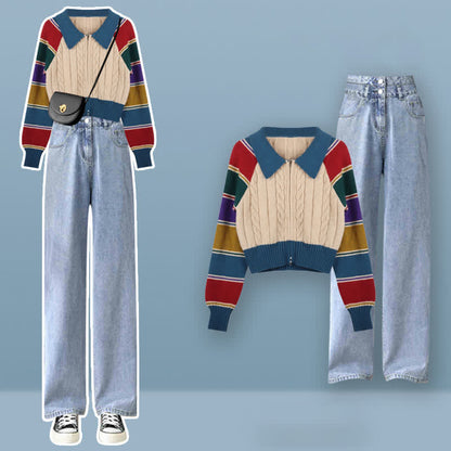 Colorblock Stripe Cardigan Sweater Pants Set