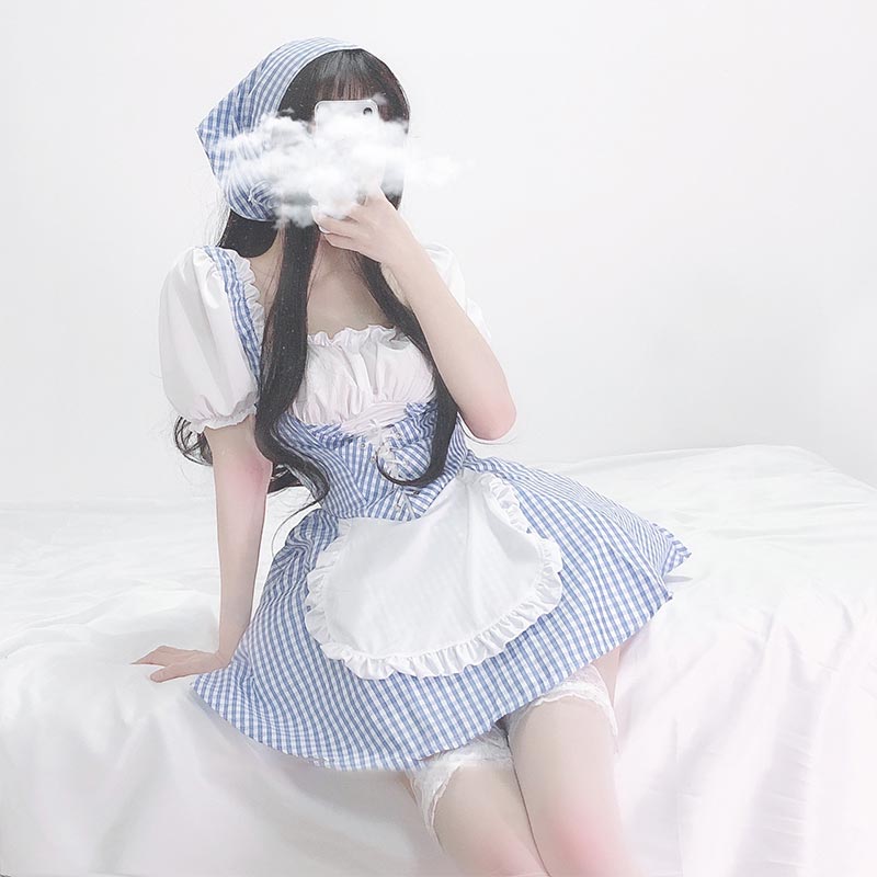 Sweet Kawaii Lattice Print Lace Up Maid Dress