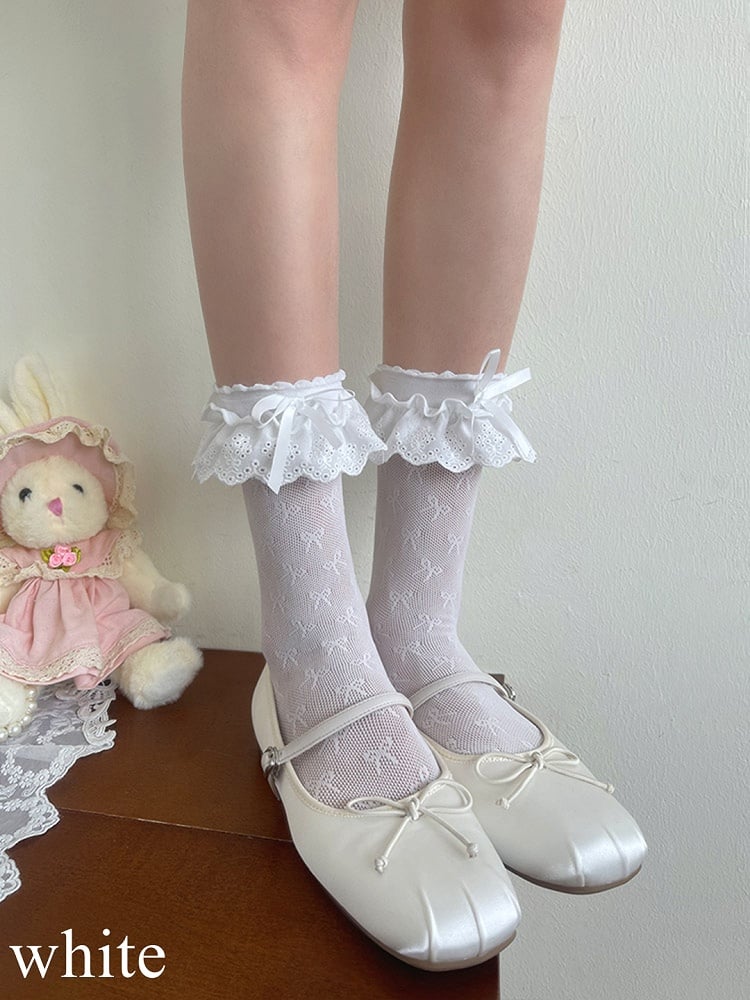 Black/White/Apricot Bowknot Hollow-out Socks Details Trim Lace