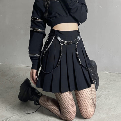 Y2K Zipper Short Sweatshirt Waistband Pleated Skirt Set