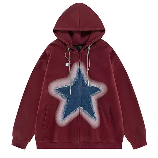 Y2K Denim Star Zip Up Hoodie