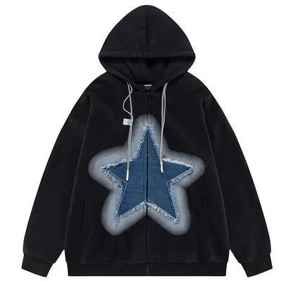 Y2K Denim Star Zip Up Hoodie