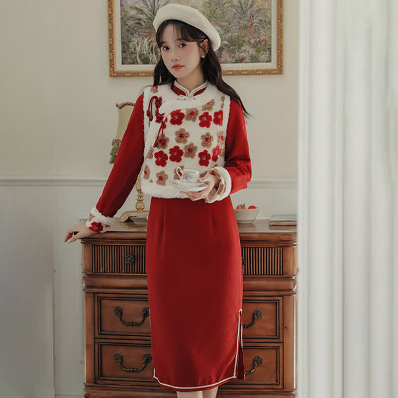 Red Flowers Buckle Vest Bowknot Cheongsam Dress