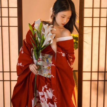 Red Elegant Print Traditional Kimono Dress