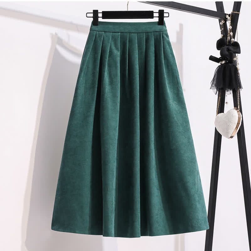 Green Floral Bow Knot Coat Pleated Skirt Vintage Set